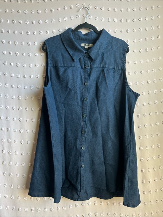 Flaxmaker Tops - Flax Linen Sleeveless Tunic Collared Button Down Sz 1X Navy Blue